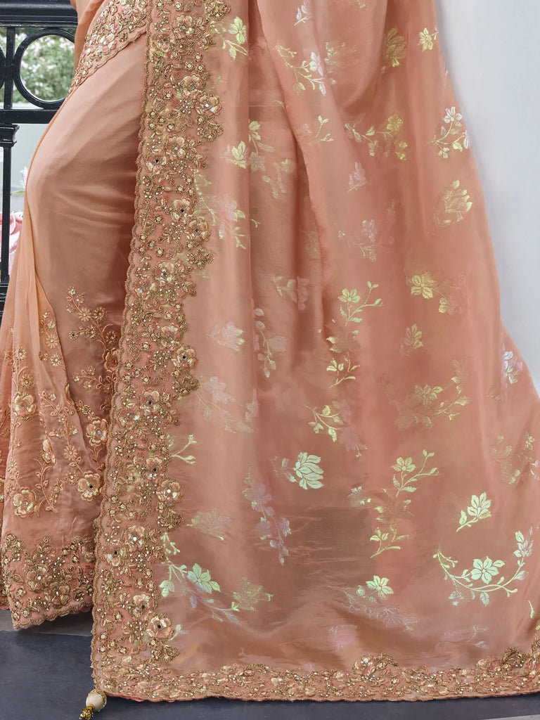 Dazzling Peach Zari Woven Organza Silk Event Wear Saree With Blouse