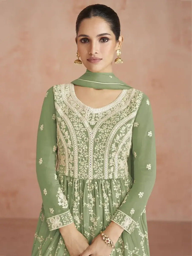 Splendid Green Sequins Embroidery Georgette Readymade Palazzo Suit