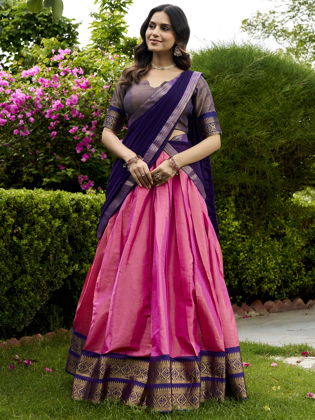 Awesome Pink Zari Weaving Silk Marriage Wear Half Saree Lehenga