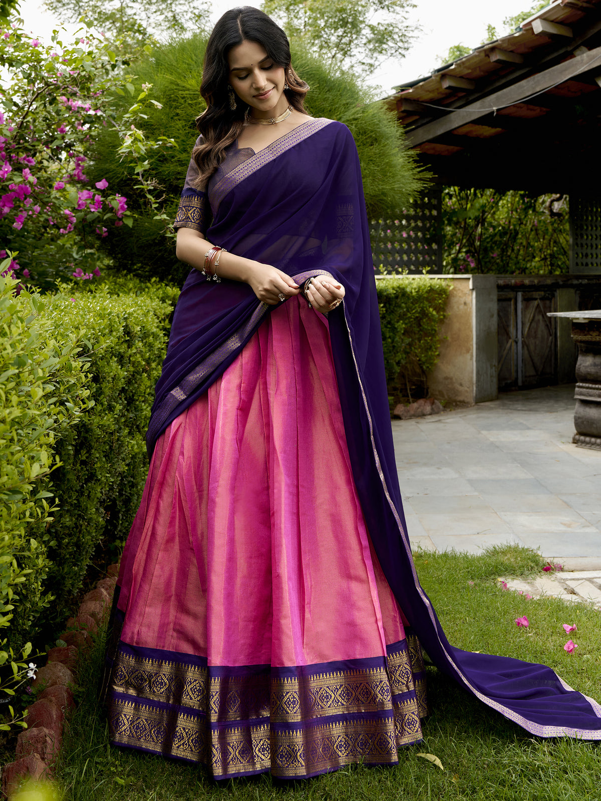 Awesome Pink Zari Weaving Silk Marriage Wear Half Saree Lehenga