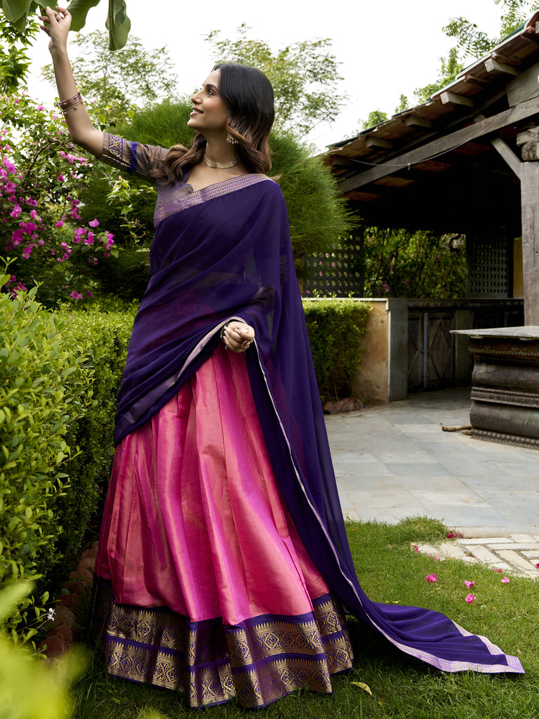 Awesome Pink Zari Weaving Silk Marriage Wear Half Saree Lehenga