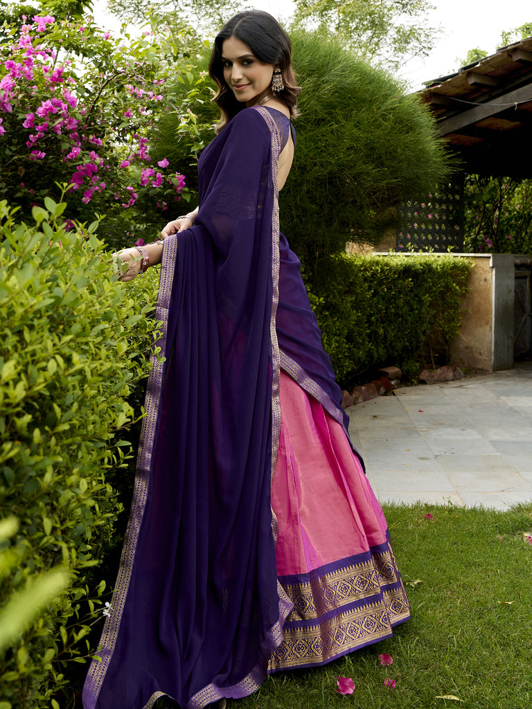 Awesome Pink Zari Weaving Silk Marriage Wear Half Saree Lehenga