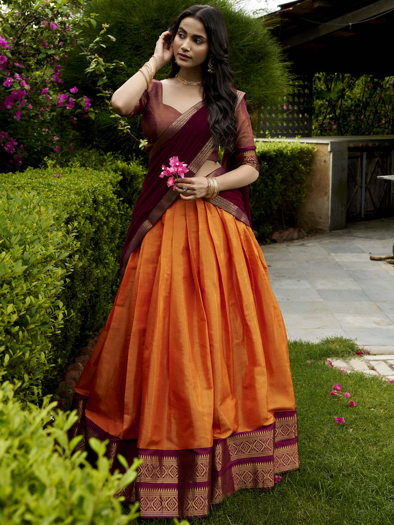 Classic Orange Weaving Border Silk Festive Wear Half Saree Lehenga
