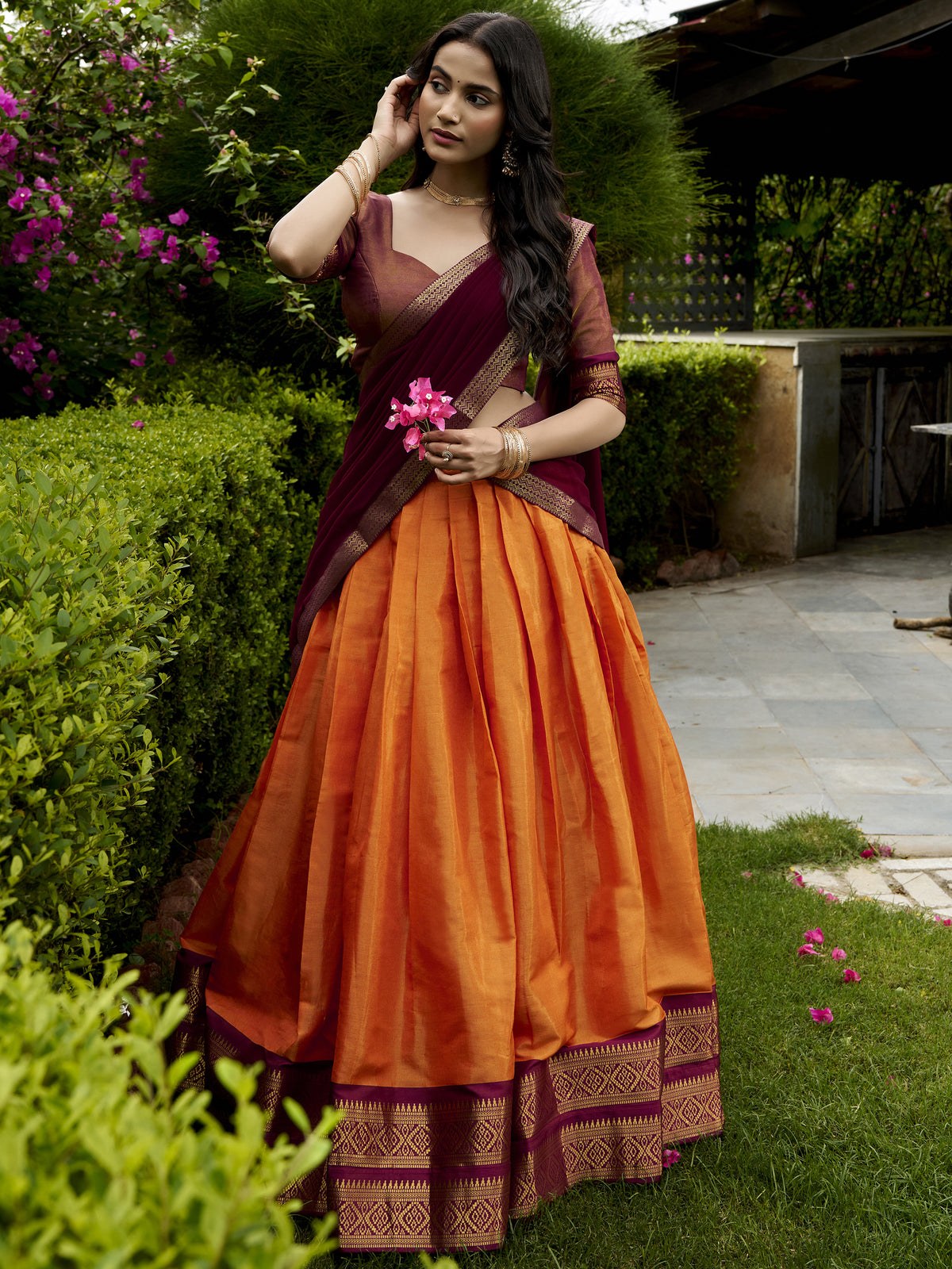 Classic Orange Weaving Border Silk Festive Wear Half Saree Lehenga