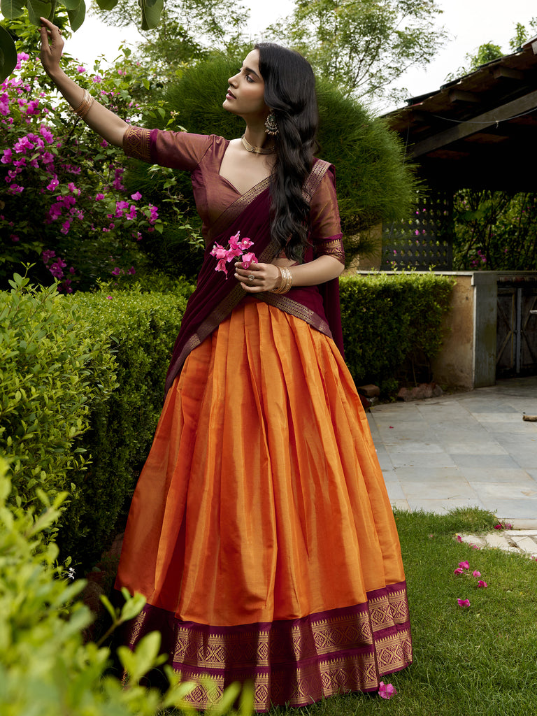 Classic Orange Weaving Border Silk Festive Wear Half Saree Lehenga