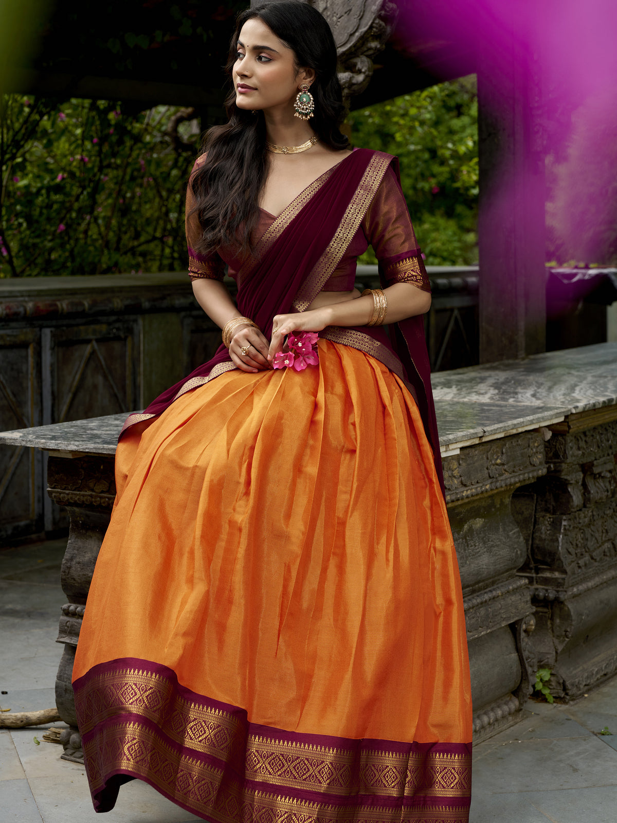 Classic Orange Weaving Border Silk Festive Wear Half Saree Lehenga