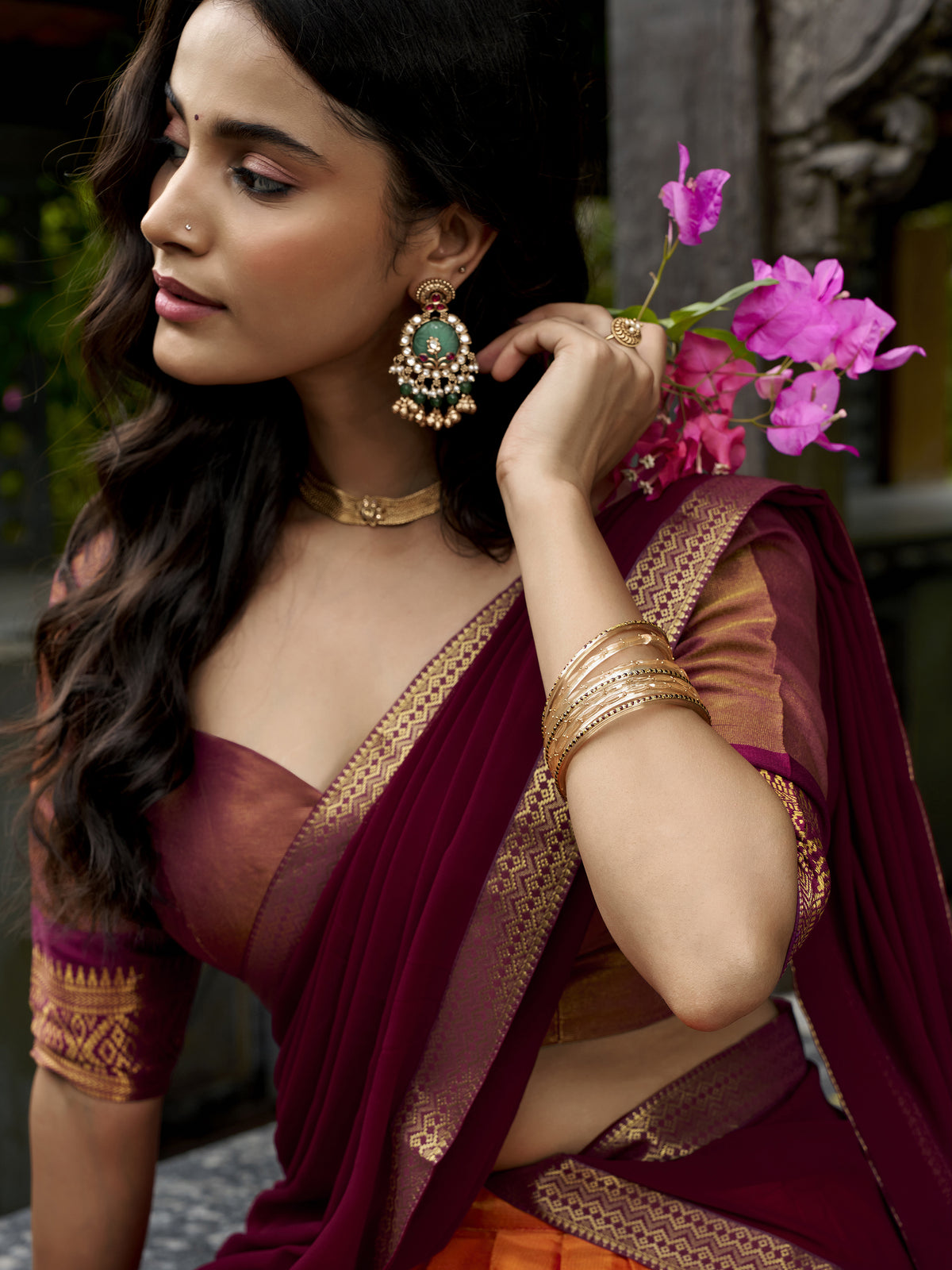 Classic Orange Weaving Border Silk Festive Wear Half Saree Lehenga