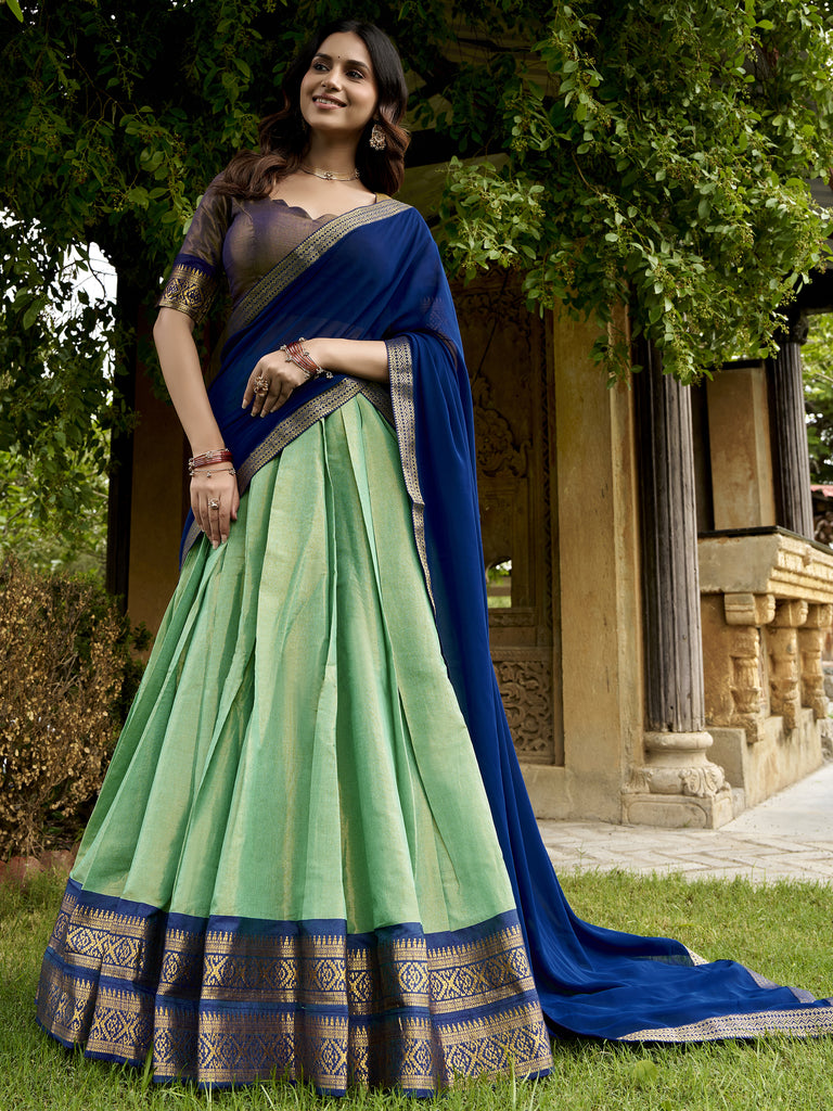 Fabulous Sea Green Zari Weaving Silk Mehendi Wear Half Saree Lehenga