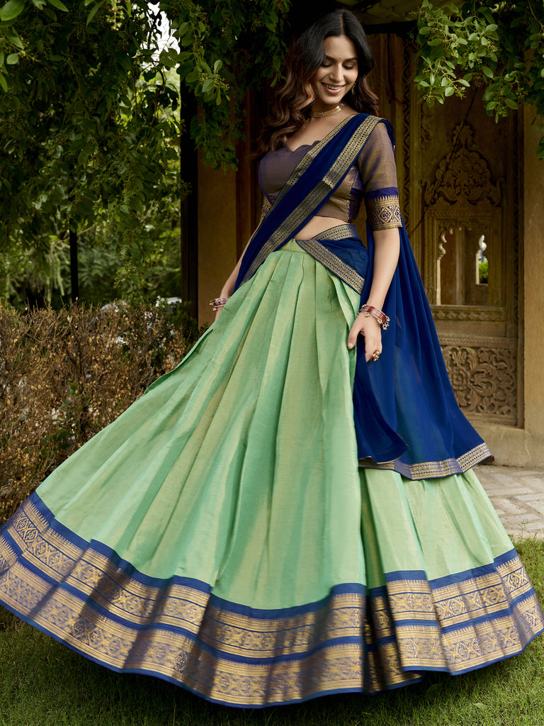 Fabulous Sea Green Zari Weaving Silk Mehendi Wear Half Saree Lehenga