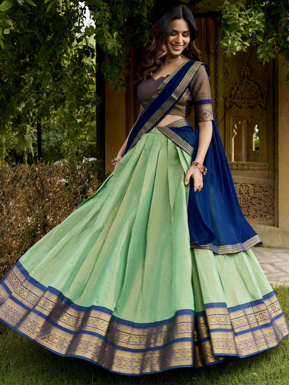 Fabulous Sea Green Zari Weaving Silk Mehendi Wear Half Saree Lehenga