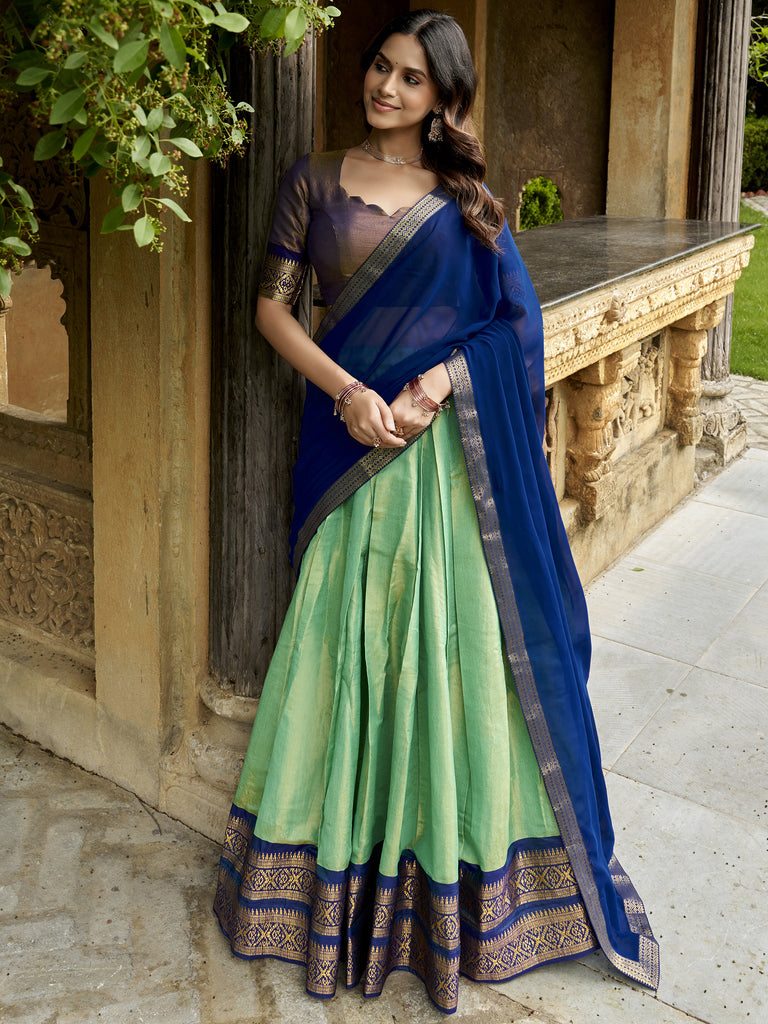 Fabulous Sea Green Zari Weaving Silk Mehendi Wear Half Saree Lehenga