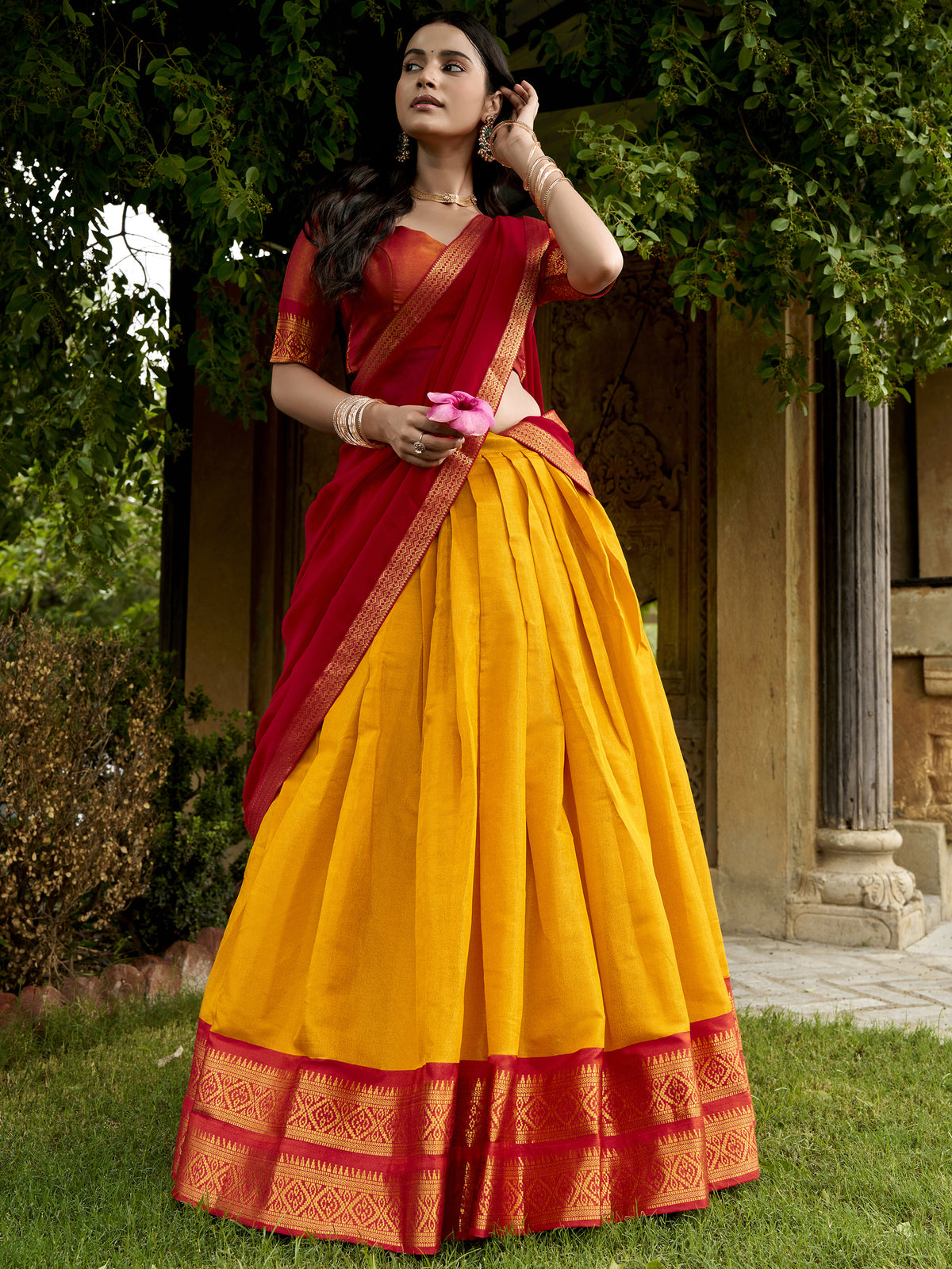 Beautiful Yellow Zari Weaving Silk Event Wear Half Saree Lehenga