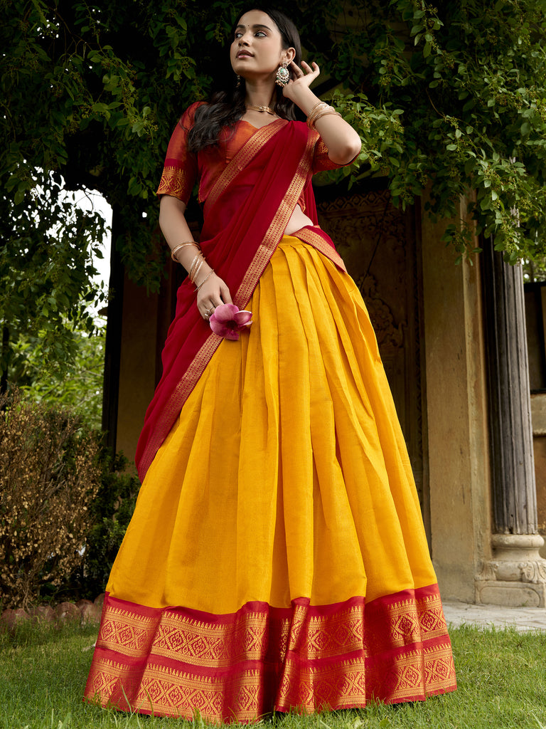 Beautiful Yellow Zari Weaving Silk Event Wear Half Saree Lehenga