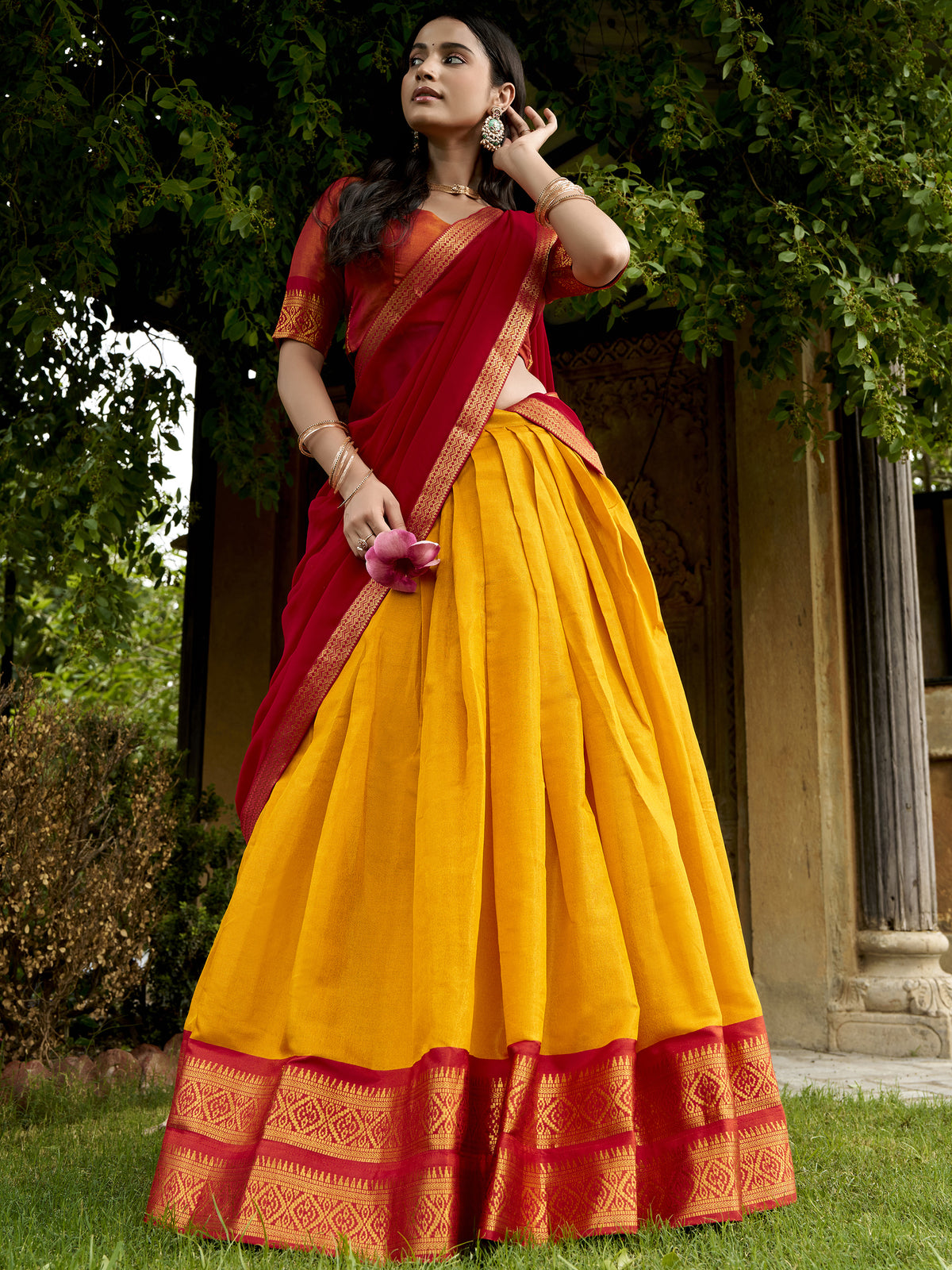 Beautiful Yellow Zari Weaving Silk Event Wear Half Saree Lehenga