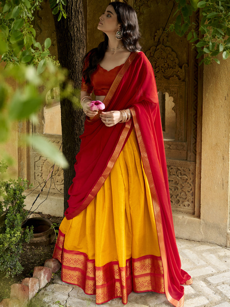Beautiful Yellow Zari Weaving Silk Event Wear Half Saree Lehenga