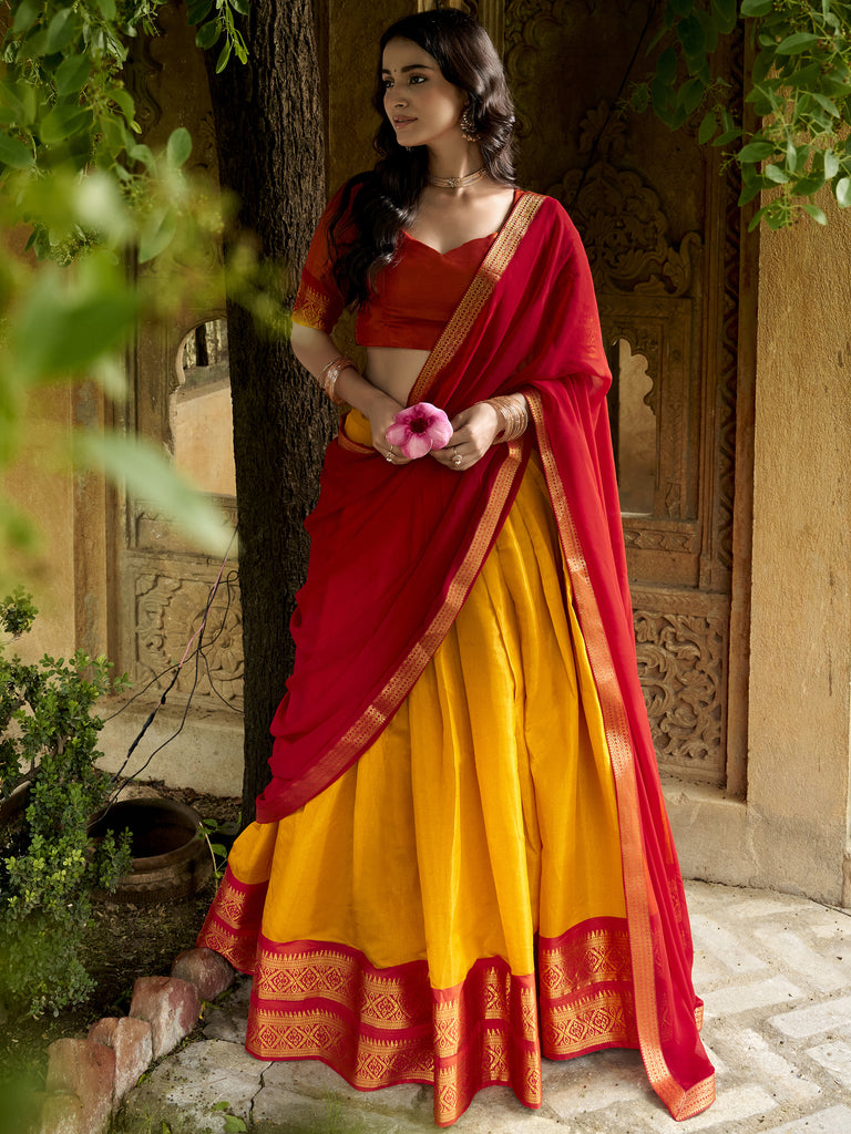 Beautiful Yellow Zari Weaving Silk Event Wear Half Saree Lehenga