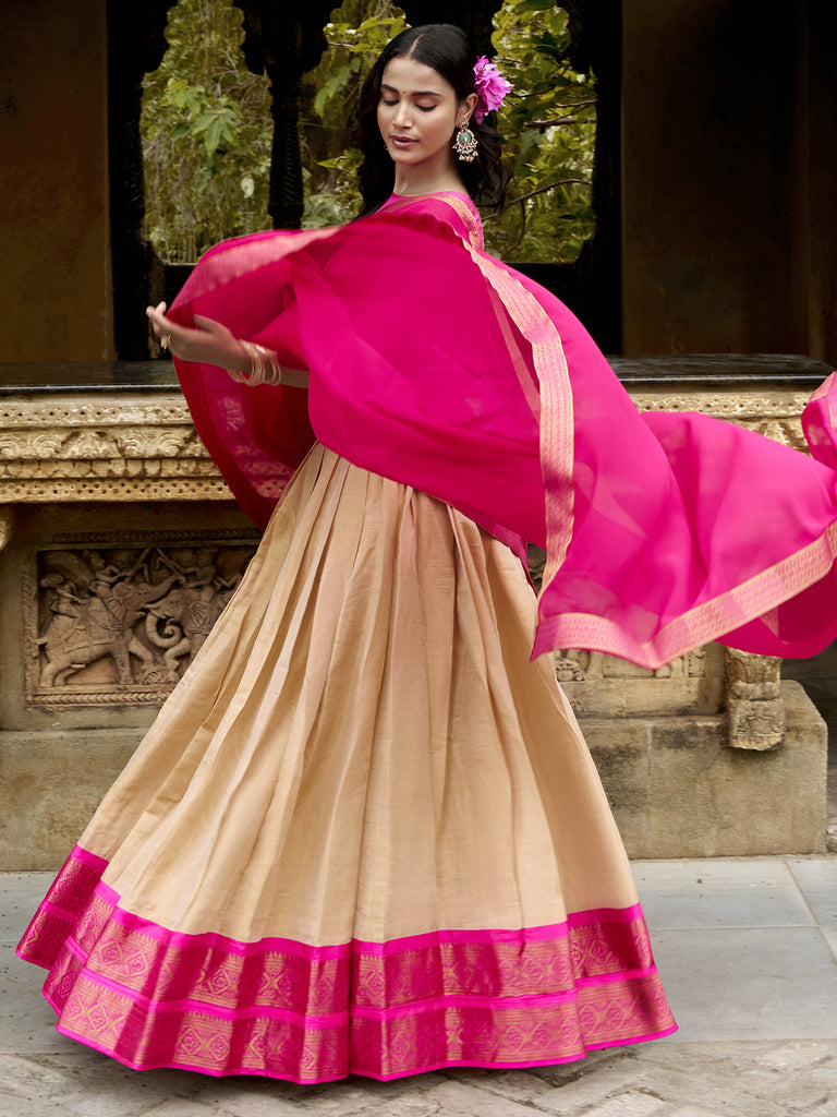 Elegant Off-White Weaving Border Silk Traditional Half Saree Lehenga