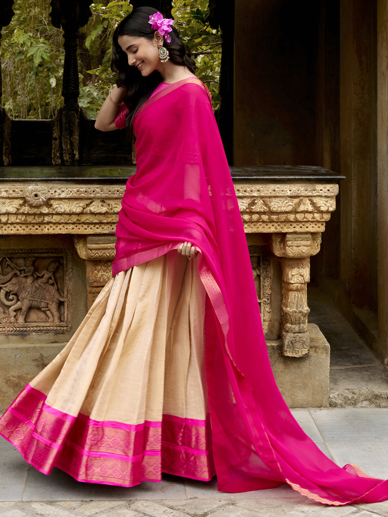 Elegant Off-White Weaving Border Silk Traditional Half Saree Lehenga