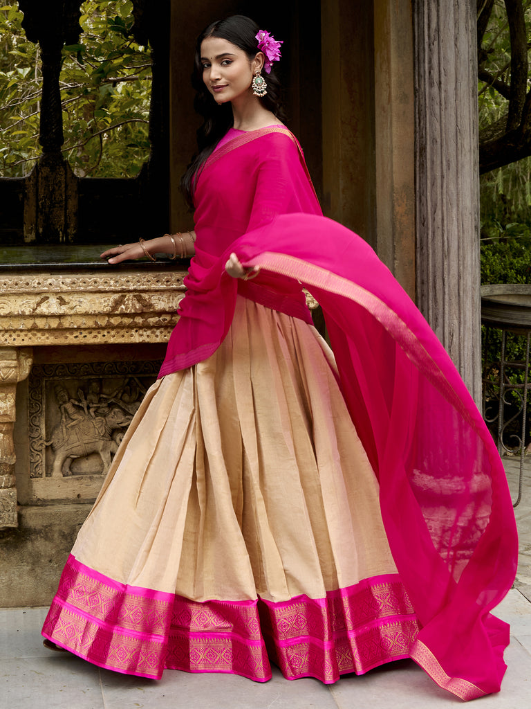 Elegant Off-White Weaving Border Silk Traditional Half Saree Lehenga