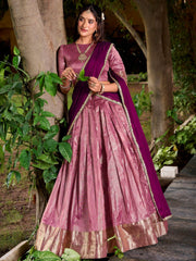 Lovely Pink Zari Weaving Silk Festive Wear Half Saree Lehenga Choli