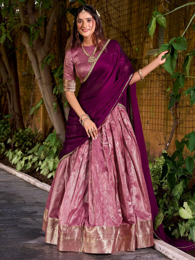 Lovely Pink Zari Weaving Silk Festive Wear Half Saree Lehenga Choli