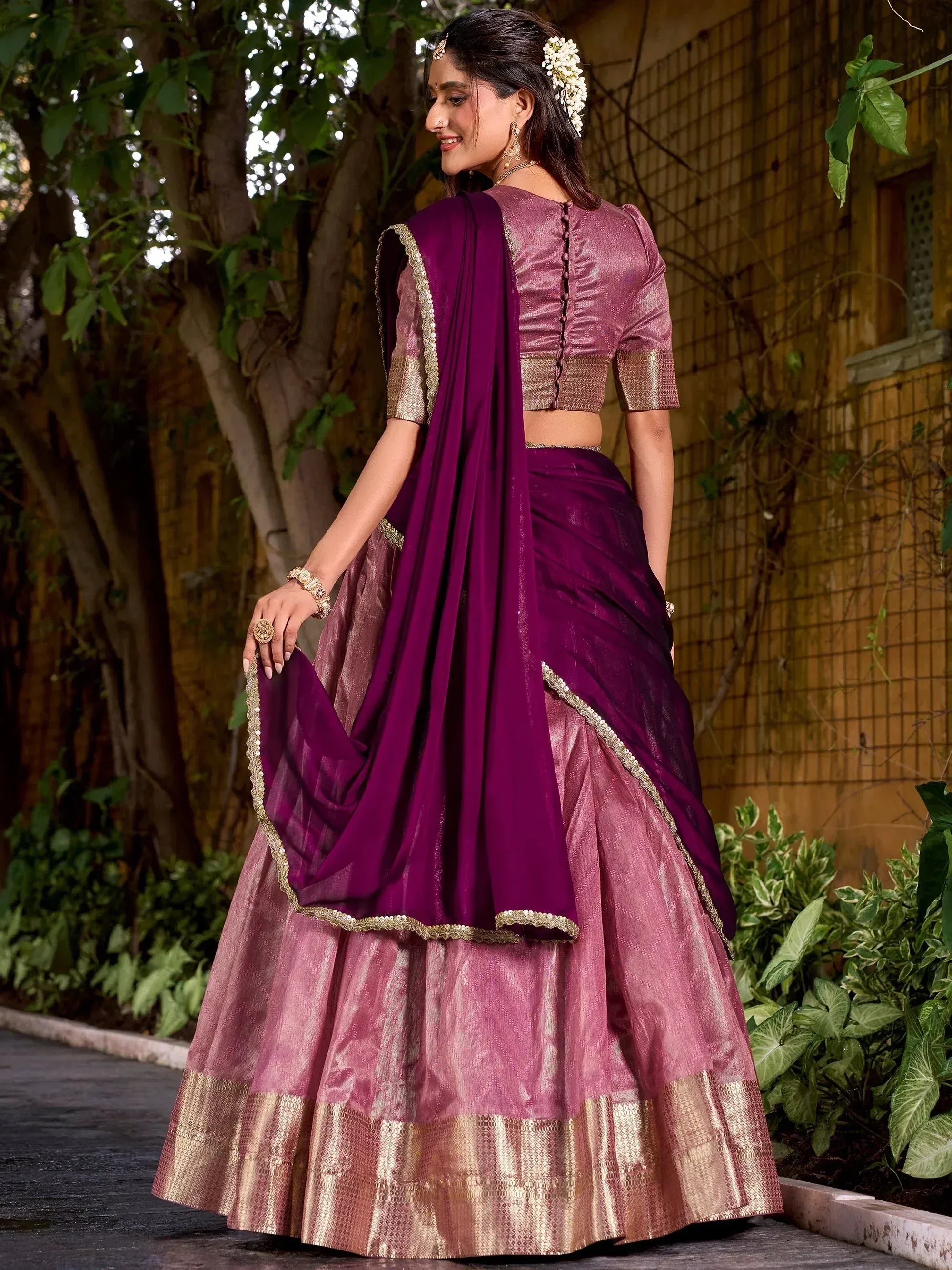 Lovely Pink Zari Weaving Silk Festive Wear Half Saree Lehenga Choli