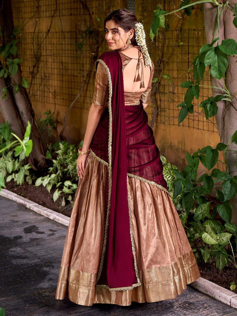 Attractive Peach Zari Embroidered Silk Festive Wear Half Saree Lehenga Choli