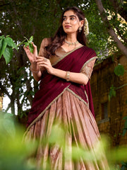 Attractive Peach Zari Embroidered Silk Festive Wear Half Saree Lehenga Choli