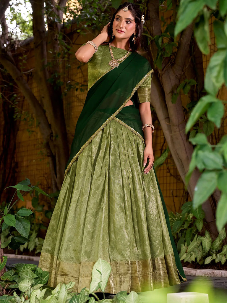 Pretty Green Zari Weaving Silk Festive Wear Half Saree Lehenga Choli