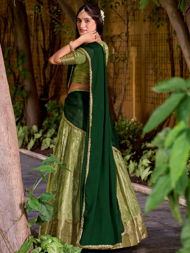 Pretty Green Zari Weaving Silk Festive Wear Half Saree Lehenga Choli