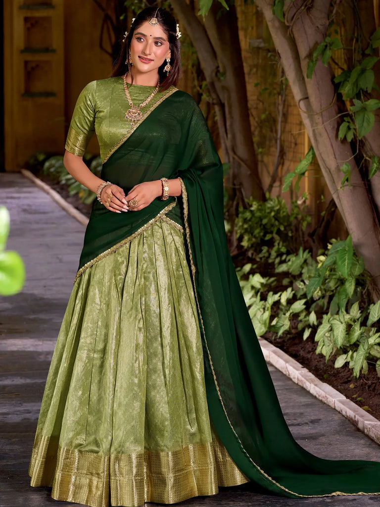 Pretty Green Zari Weaving Silk Festive Wear Half Saree Lehenga Choli
