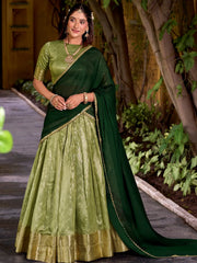 Pretty Green Zari Weaving Silk Festive Wear Half Saree Lehenga Choli