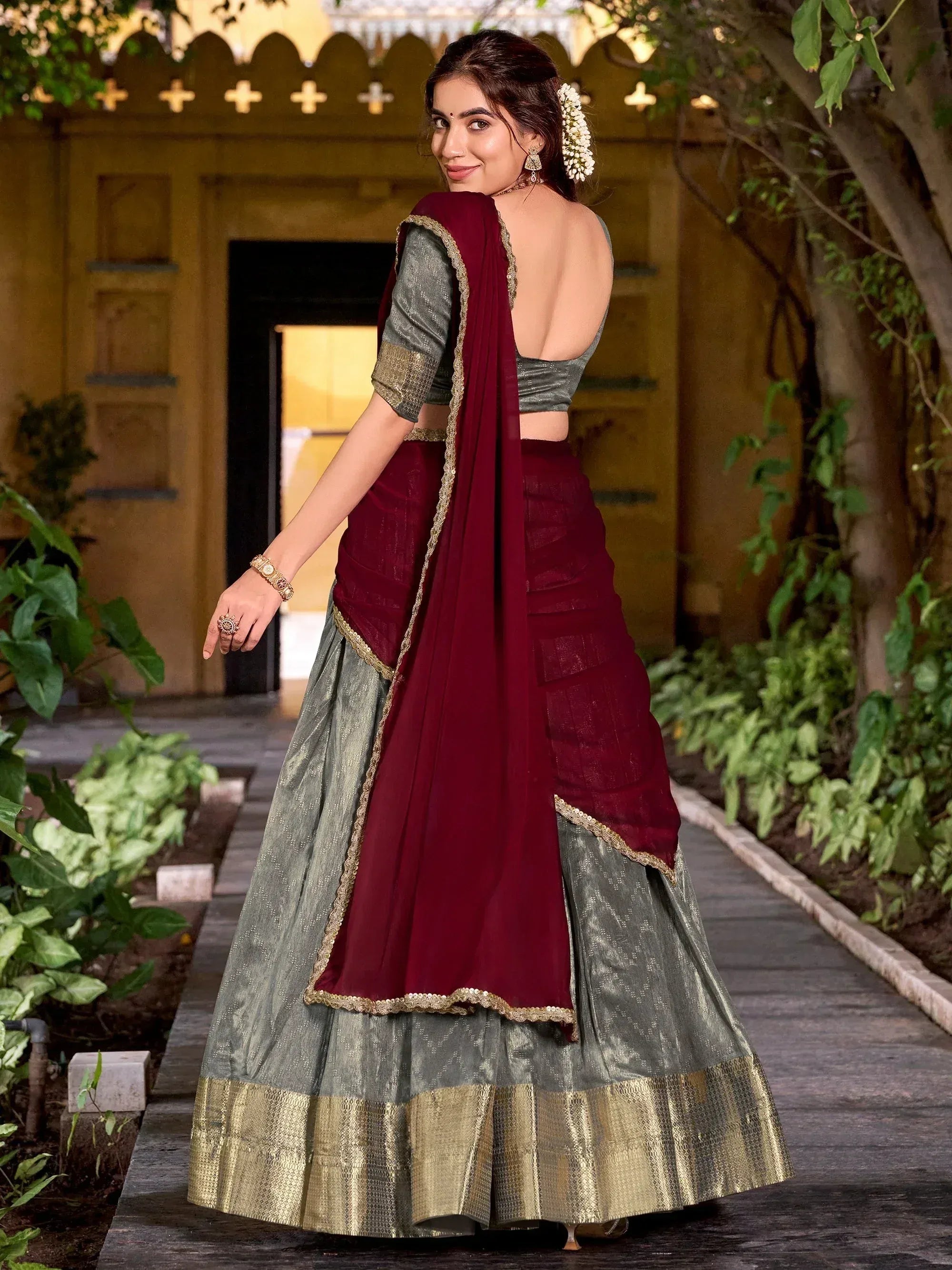 Beautiful Grey Zari Weaving Silk Wedding Wear Half Saree Lehenga Choli