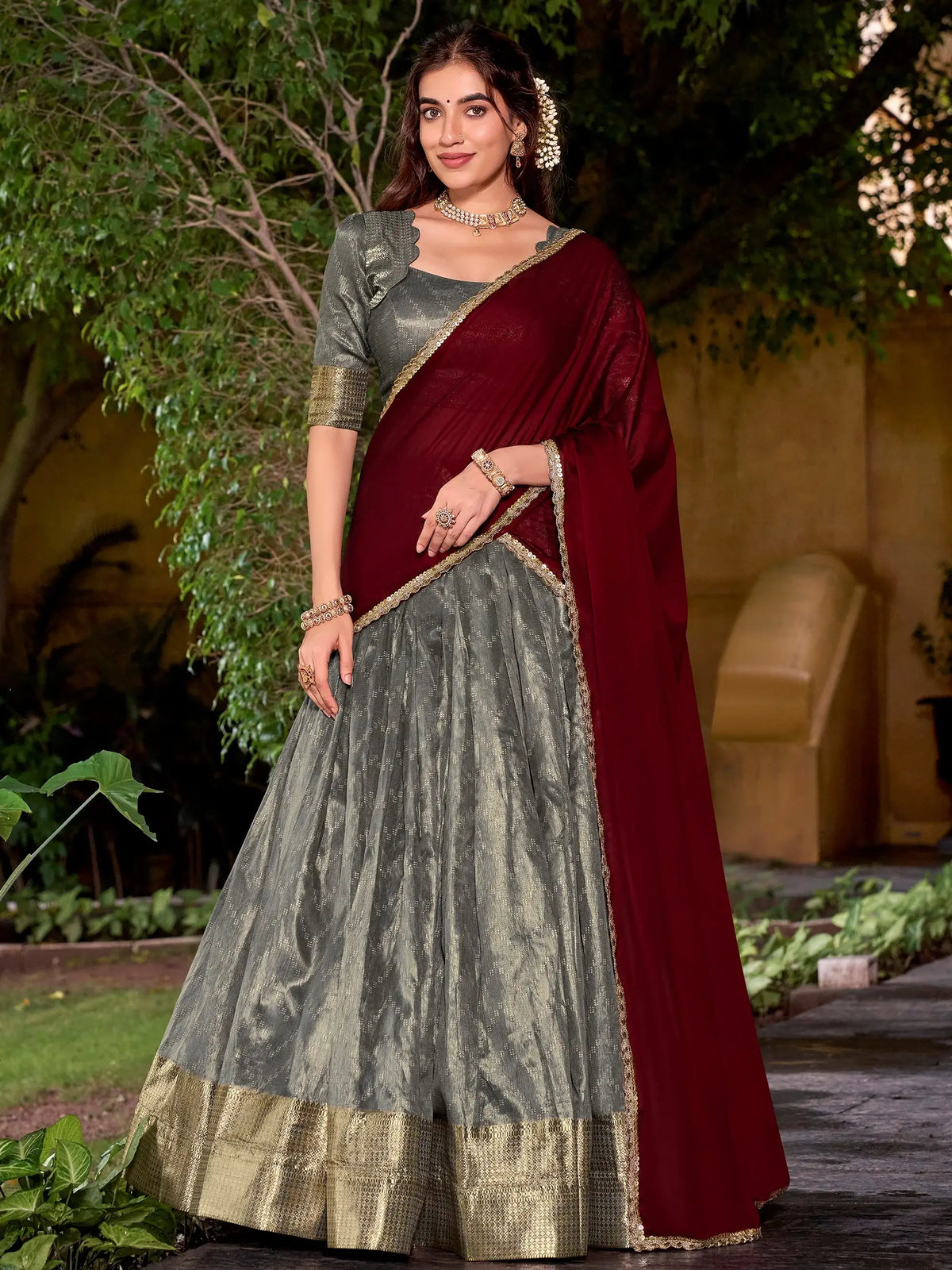 Beautiful Grey Zari Weaving Silk Wedding Wear Half Saree Lehenga Choli