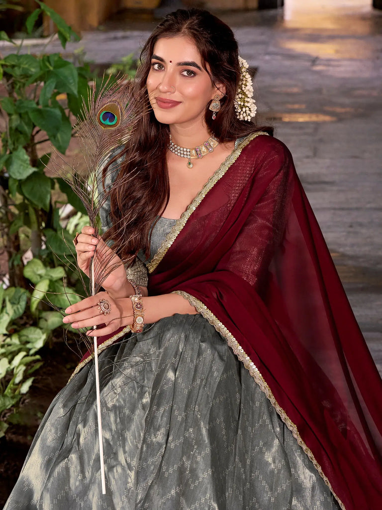 Beautiful Grey Zari Weaving Silk Wedding Wear Half Saree Lehenga Choli