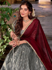 Beautiful Grey Zari Weaving Silk Wedding Wear Half Saree Lehenga Choli