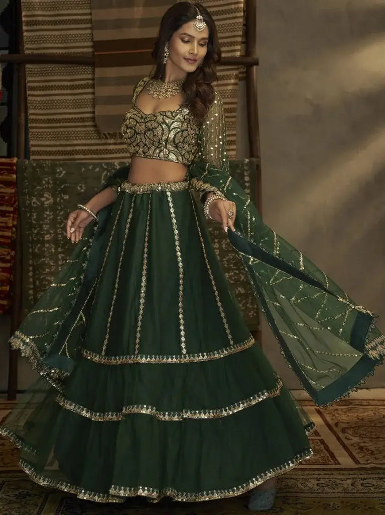 Astonishing Dark-Green Sequence Embroidered Net Lehenga Choli