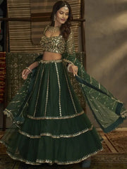 Astonishing Dark-Green Sequence Embroidered Net Lehenga Choli
