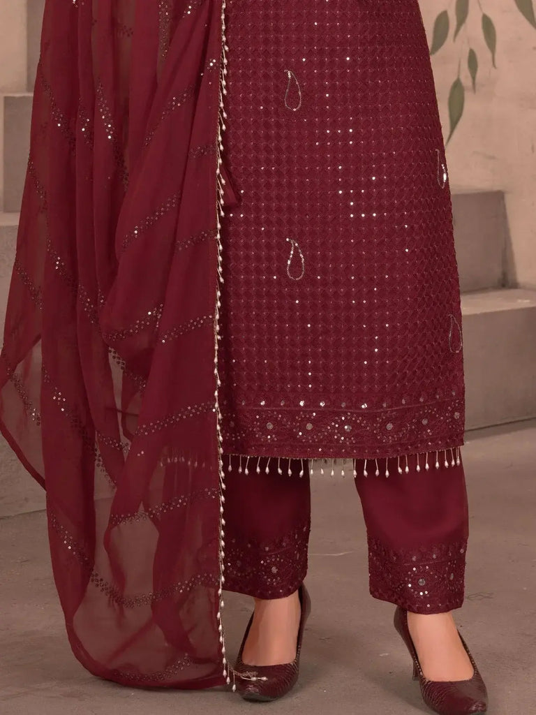 Wonderful Maroon Thread Work Georgette Festive Wear Pant Suit