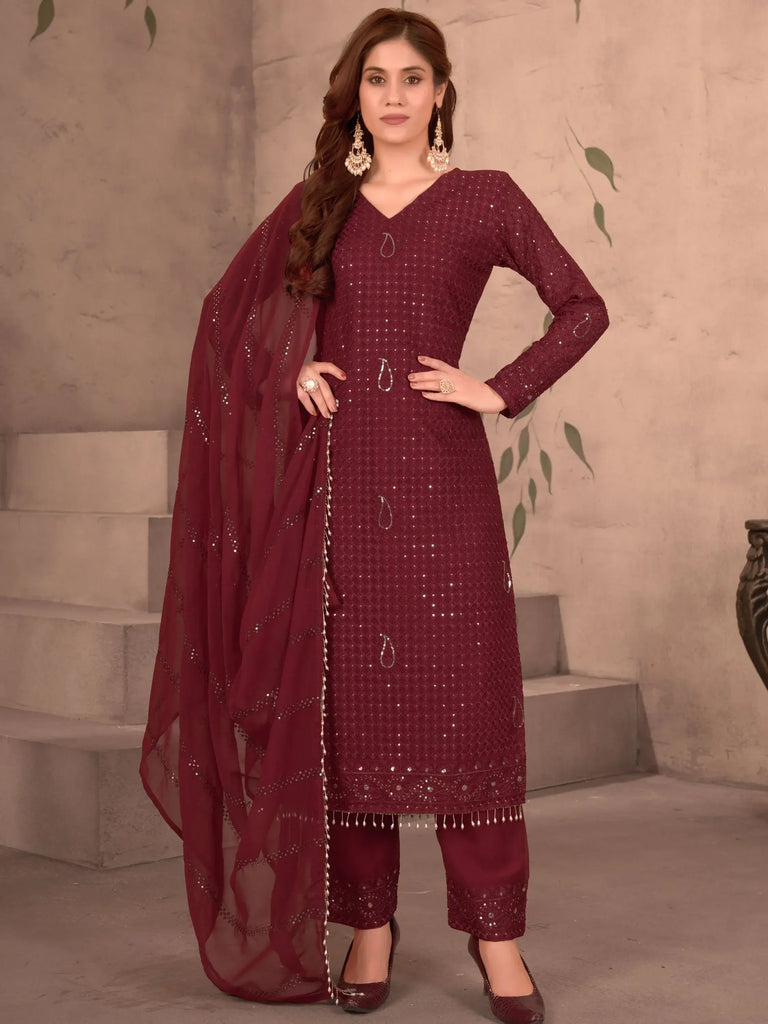Wonderful Maroon Thread Work Georgette Festive Wear Pant Suit