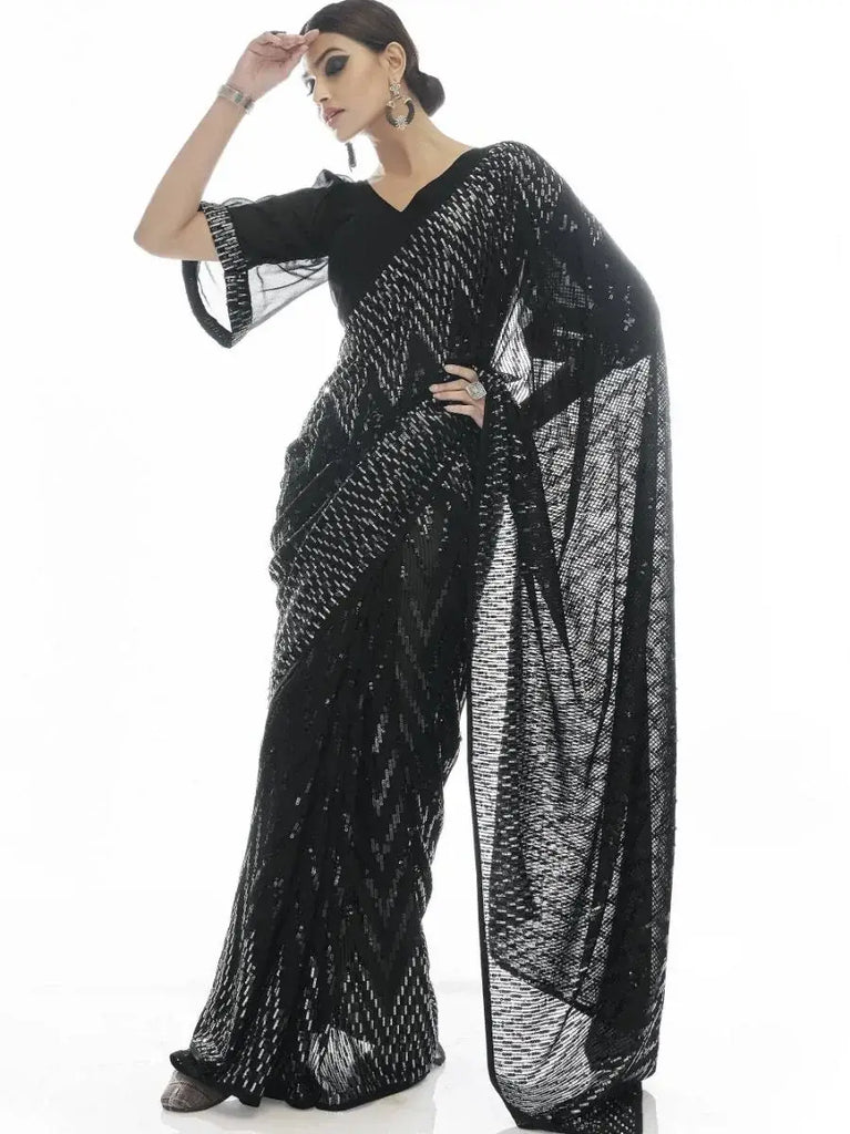 Gorgeous Black Sequins Embroidered Party Wear Georgette Saree