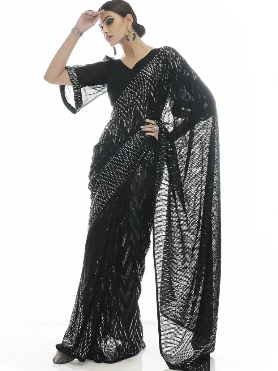 Black sequin saree with sheer sleeves, elegant ethnic wear for women