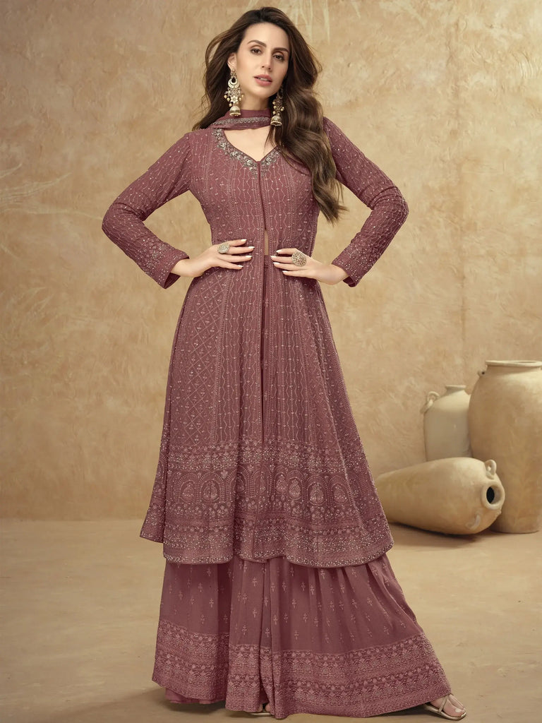 Amazing Rosy Brown Embroidered Georgette Reception Wear Sharara Suit