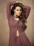 Amazing Rosy Brown Embroidered Georgette Reception Wear Sharara Suit