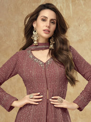 Amazing Rosy Brown Embroidered Georgette Reception Wear Sharara Suit