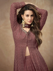 Amazing Rosy Brown Embroidered Georgette Reception Wear Sharara Suit