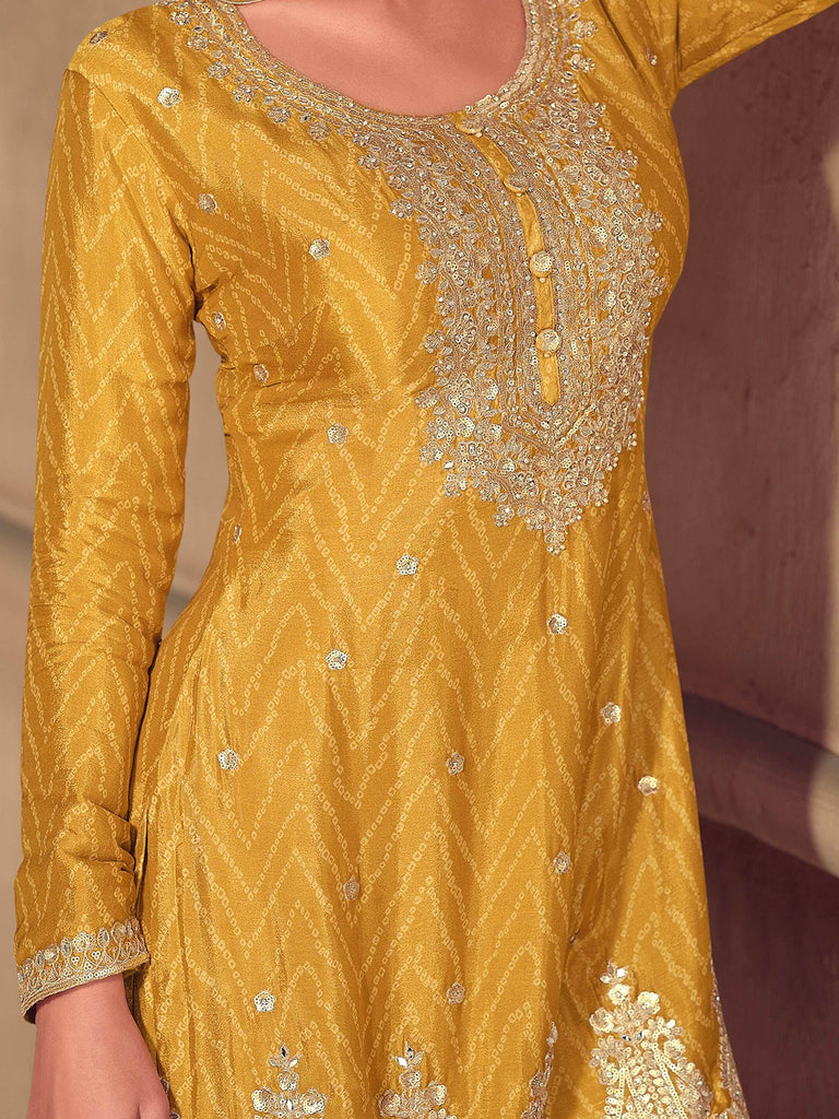 Regal Yellow Chinon Bandhani Printed Haldi Wear Palazzo Suit
