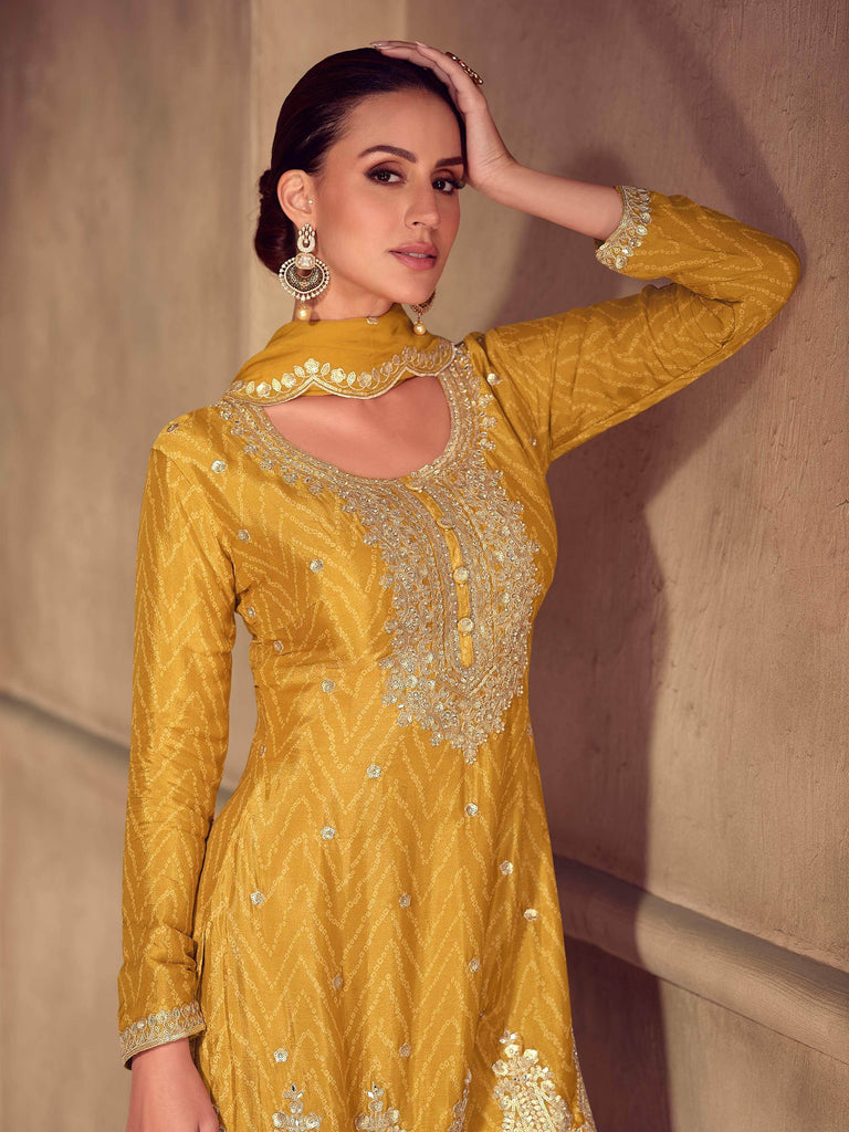Regal Yellow Chinon Bandhani Printed Haldi Wear Palazzo Suit