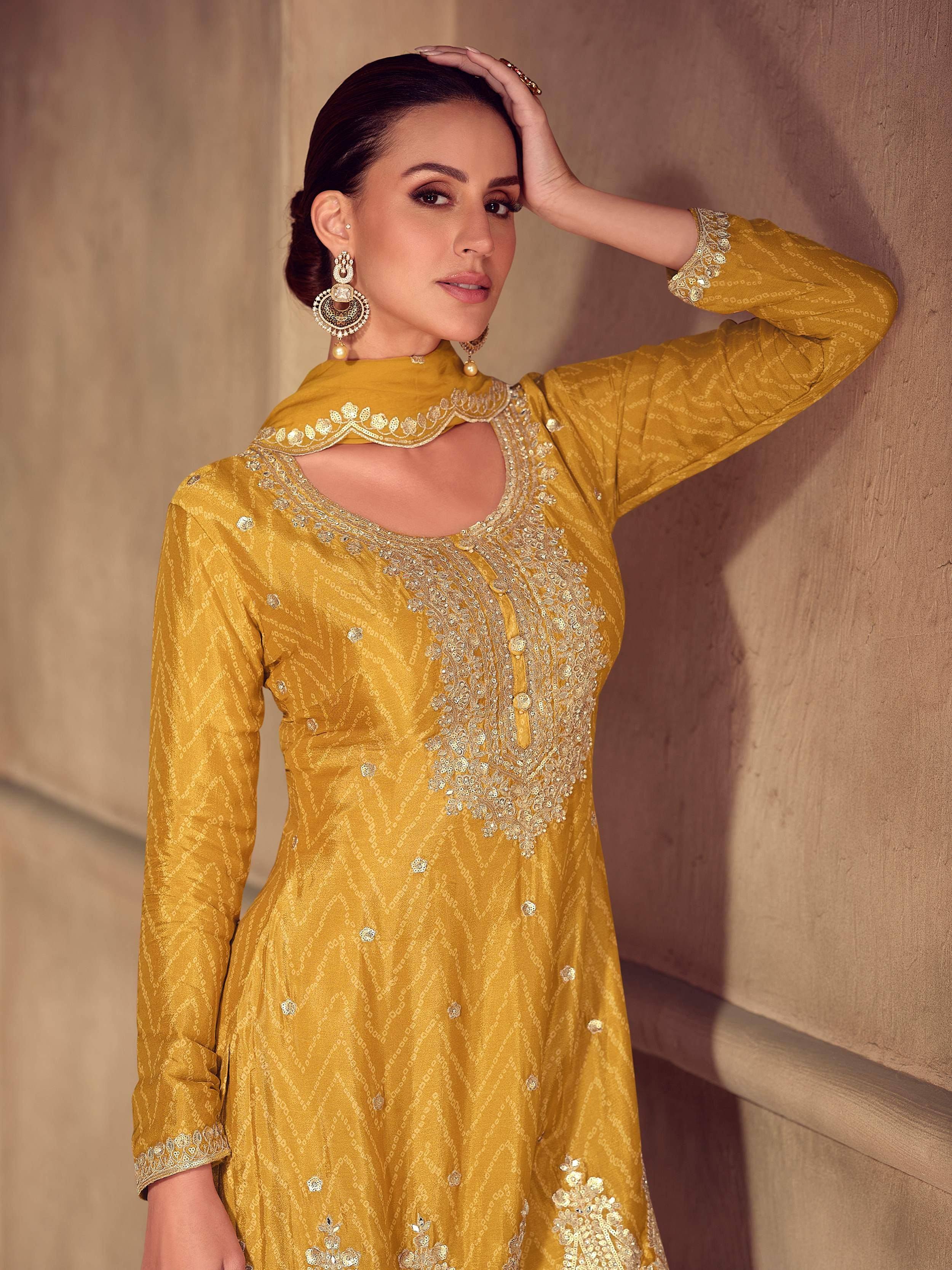 Mustard yellow embroidered ethnic kurti with dupatta, perfect for Indian festive occasions