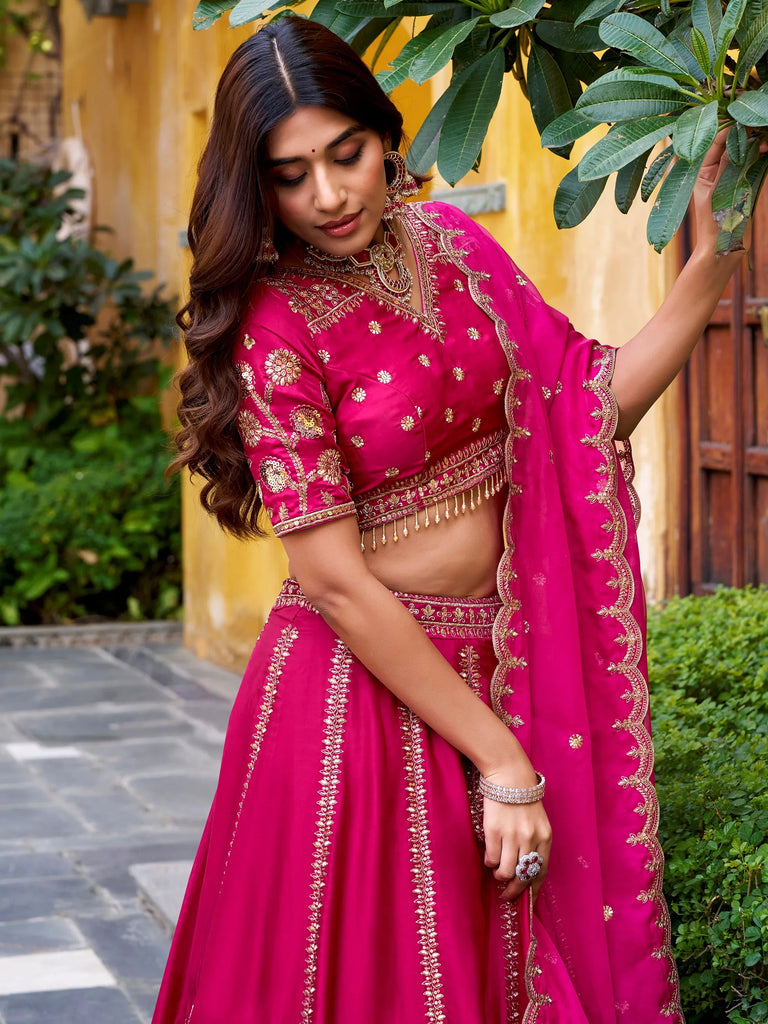 Wonderful Rani Pink Sequins Silk Bridesmaid Lehenga Choli With Dupatta